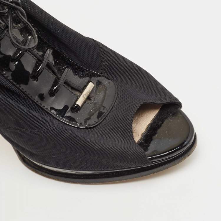 Pre Owned Dior Black Patent Leather and Mesh Peep Toe Lace Up Ankle Booties Size 38.5