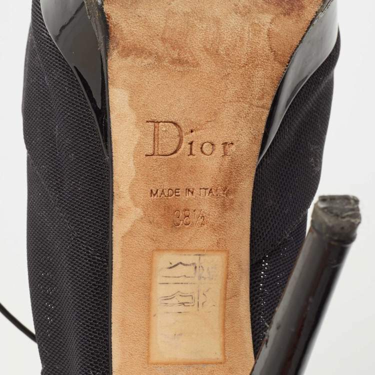 Pre Owned Dior Black Patent Leather and Mesh Peep Toe Lace Up Ankle Booties Size 38.5