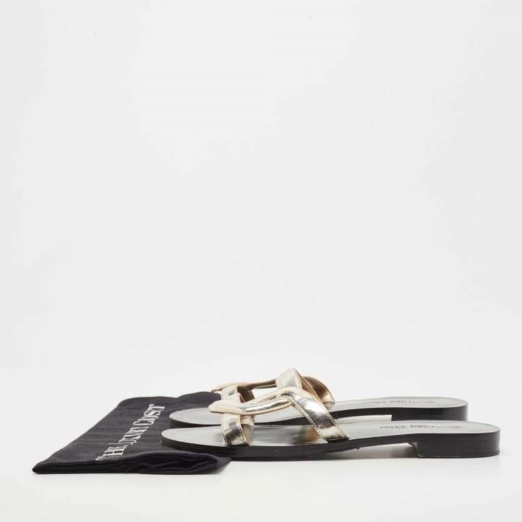 مملوكة مسبقًا Dior Silver Leather Flat Slides Size 40.5 