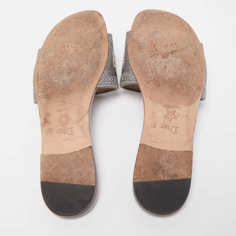 Pre Owned Dior Metal Grey Canvas Dway Flat Slide Sandals Size 36