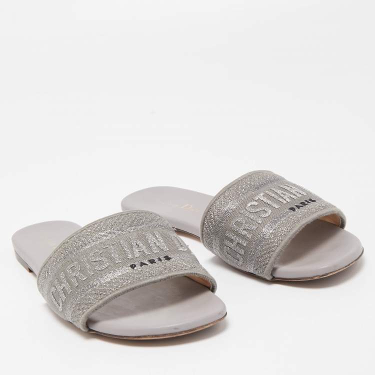 Pre Owned Dior Metal Grey Canvas Dway Flat Slide Sandals Size 36