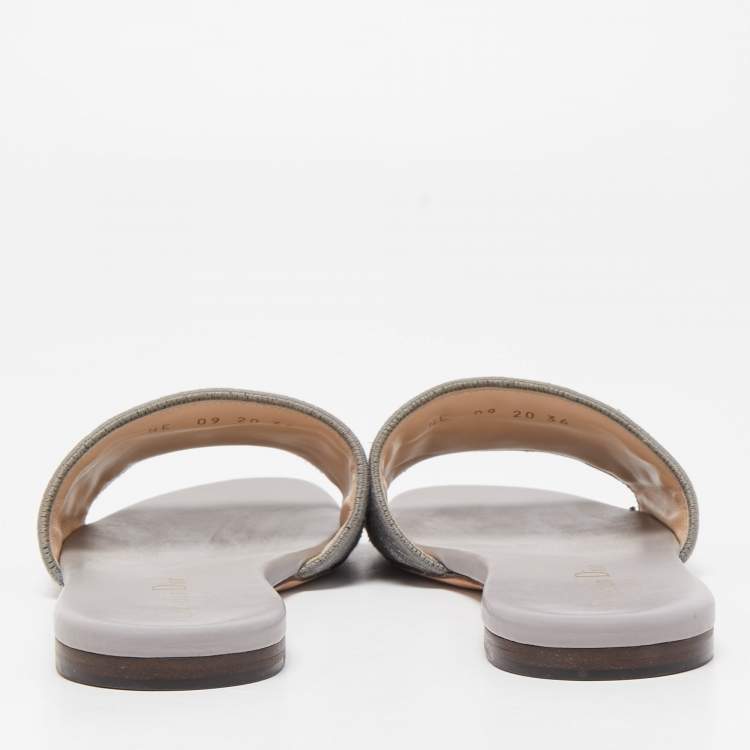 Pre Owned Dior Metal Grey Canvas Dway Flat Slide Sandals Size 36
