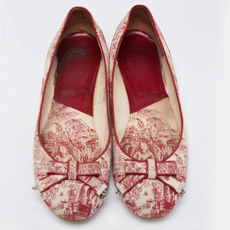 Pre Owned Dior Burgundy/Beige Toile De Jouy Canvas Bow Ballet Flats Size 40