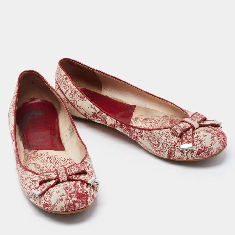 Pre Owned Dior Burgundy/Beige Toile De Jouy Canvas Bow Ballet Flats Size 40