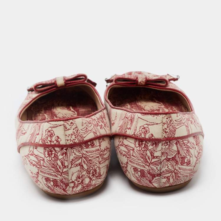 Pre Owned Dior Burgundy/Beige Toile De Jouy Canvas Bow Ballet Flats Size 40