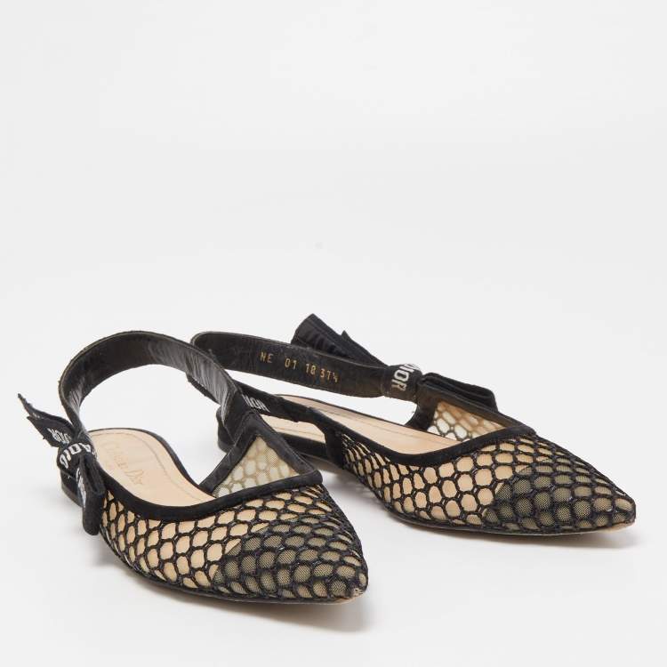 Pre Owned Dior Black Net and Suede J'adior Slingback Flats Size 37.5