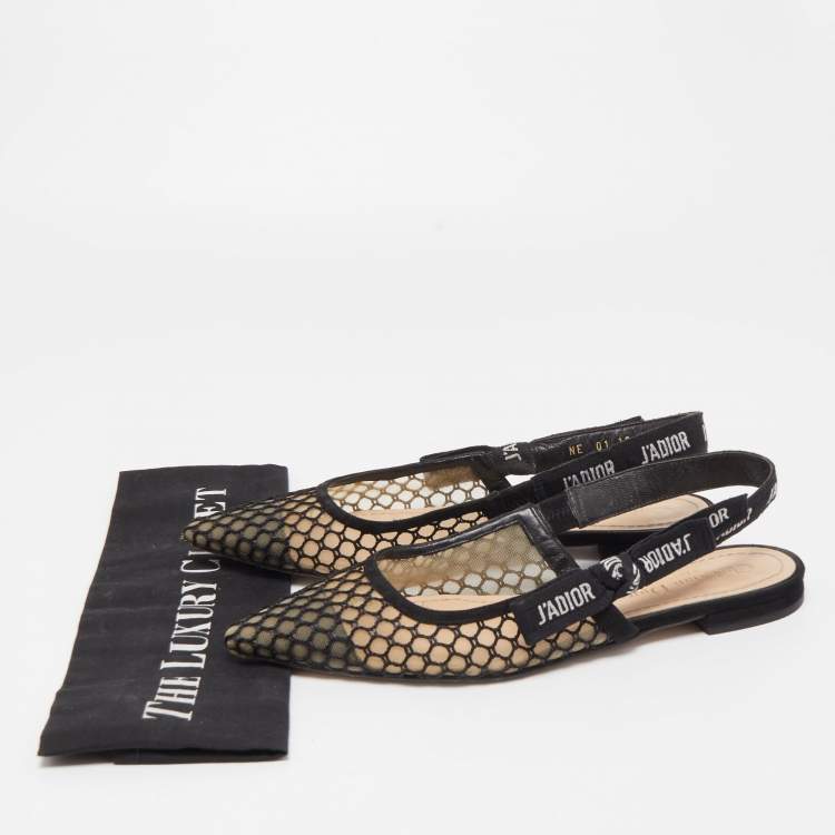 Pre Owned Dior Black Net and Suede J'adior Slingback Flats Size 37.5