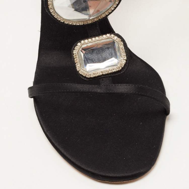 Pre Owned Dior Black Satin Crystal Embellished T-Strap Sandals Size 37.5