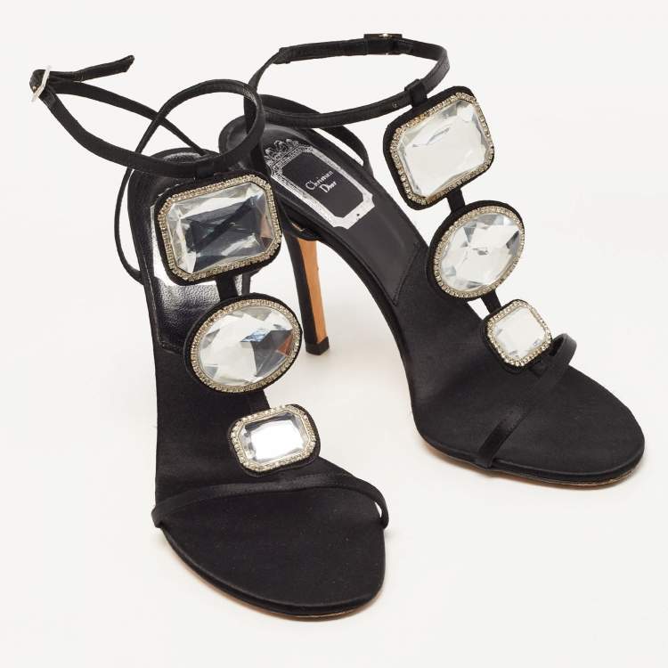 Pre Owned Dior Black Satin Crystal Embellished T-Strap Sandals Size 37.5
