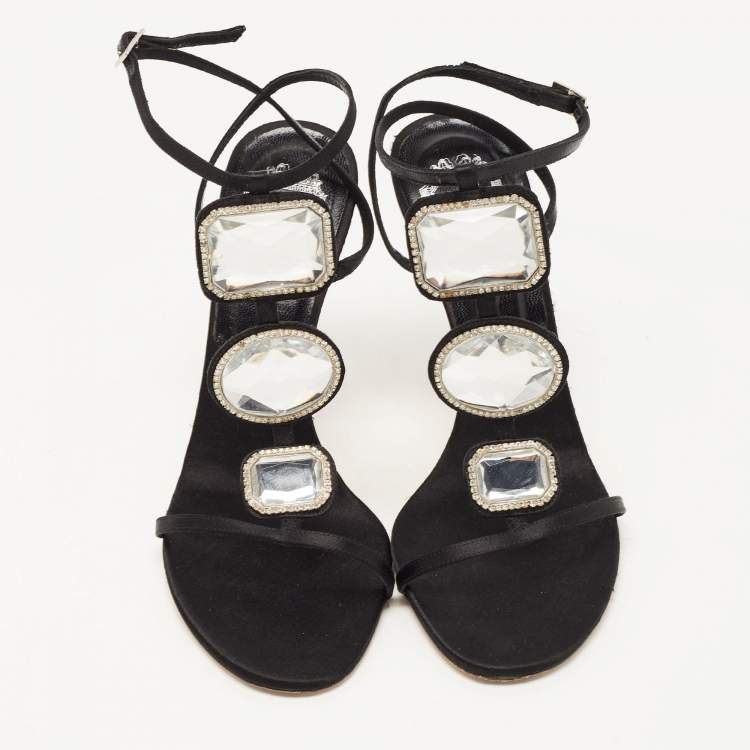 Pre Owned Dior Black Satin Crystal Embellished T-Strap Sandals Size 37.5