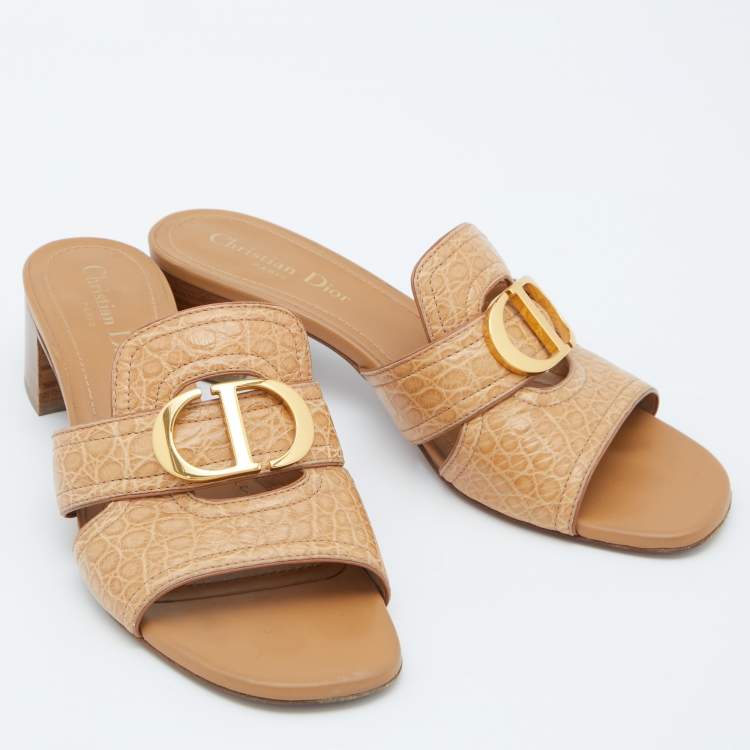Pre Owned Dior Beige Croc Embossed Leather CD Logo Montaigne Block Heel Slide Sandals Size 39