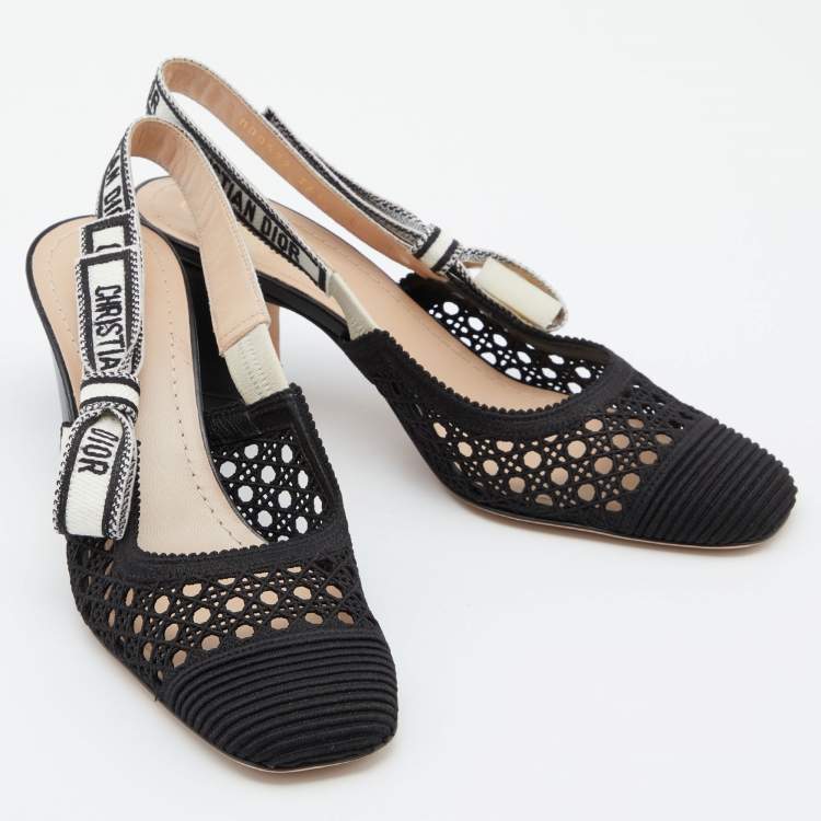 Pre Owned Dior Black Fabric and Leather Moi Block Heel Slingback Sandals Size 36.5