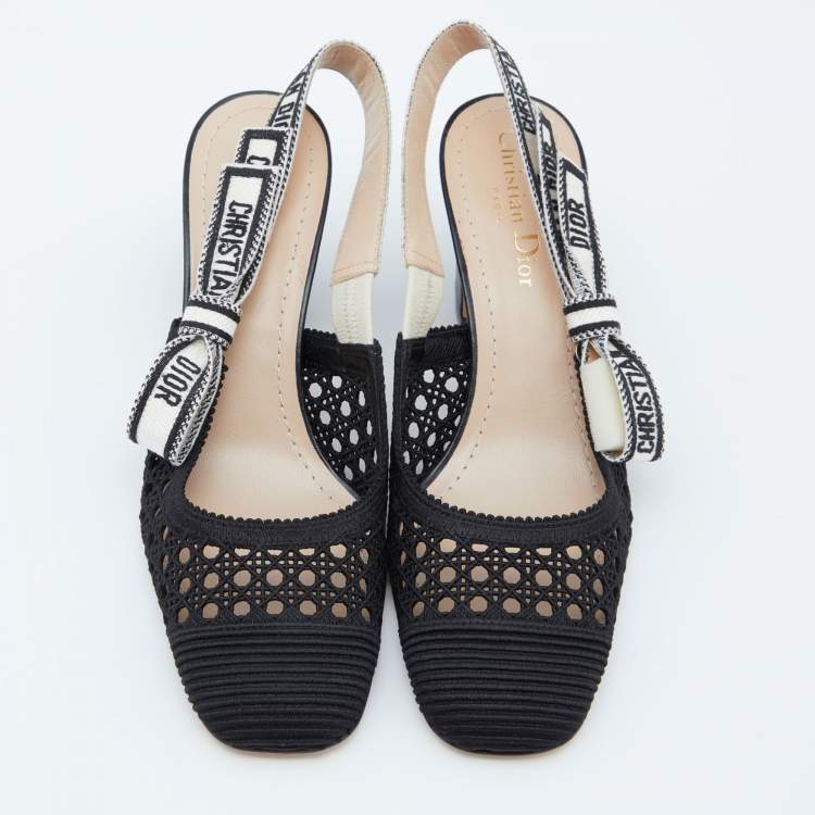 Pre Owned Dior Black Fabric and Leather Moi Block Heel Slingback Sandals Size 36.5