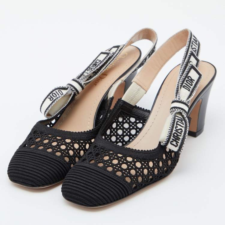 Pre Owned Dior Black Fabric and Leather Moi Block Heel Slingback Sandals Size 36.5