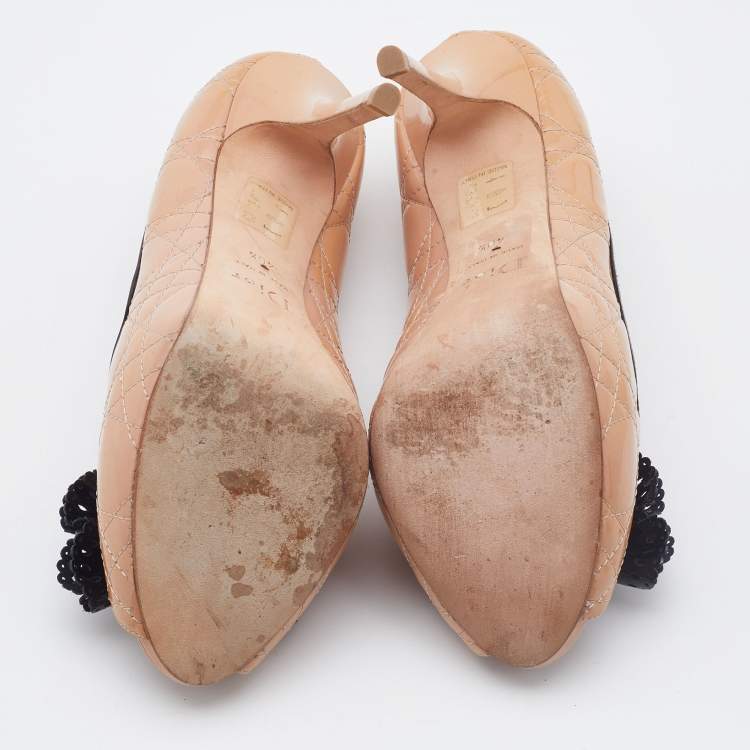 Pre Owned Dior Beige Cannage Patent Leather Bow Peep Toe Pumps Size 40.5