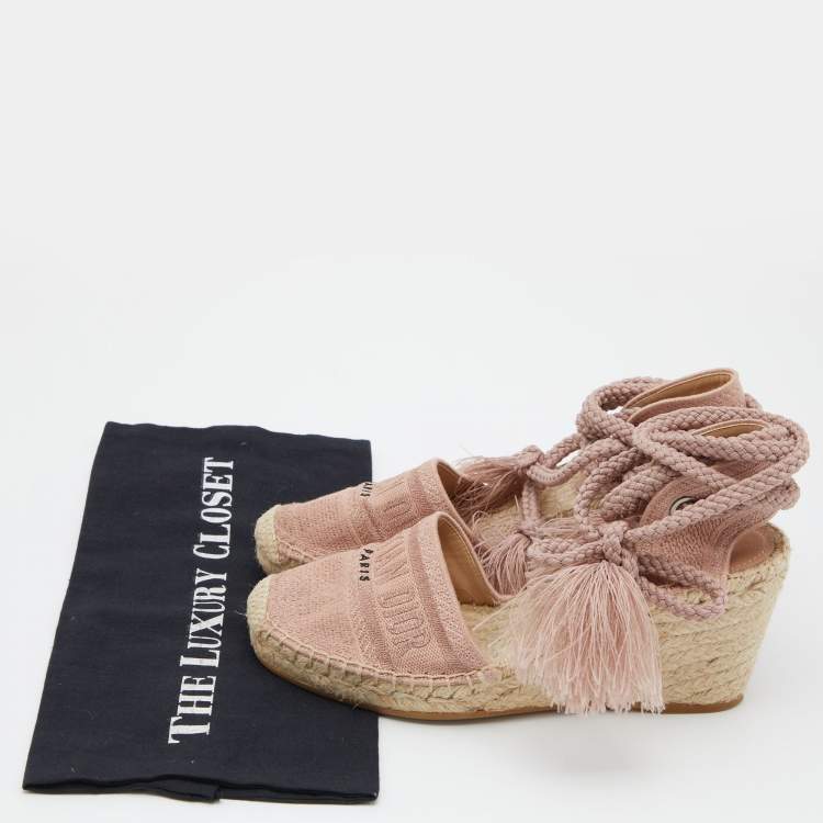Pre Owned Dior Pink Logo Embroidered Canvas Granville Ankle Tie Wedge Espadrilles Size 38