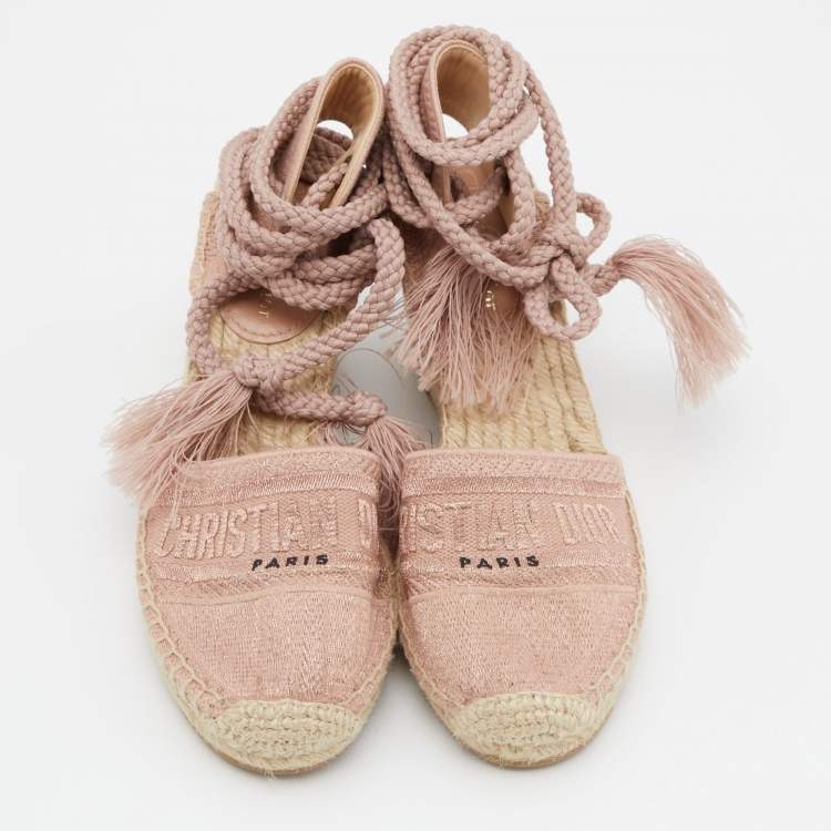 Pre Owned Dior Pink Logo Embroidered Canvas Granville Ankle Tie Wedge Espadrilles Size 38