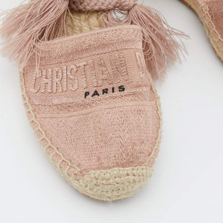 Pre Owned Dior Pink Logo Embroidered Canvas Granville Ankle Tie Wedge Espadrilles Size 38
