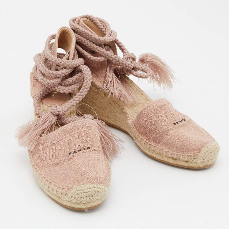Pre Owned Dior Pink Logo Embroidered Canvas Granville Ankle Tie Wedge Espadrilles Size 38