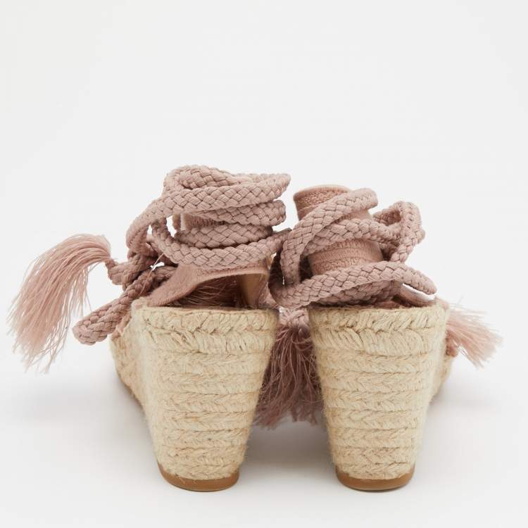 Pre Owned Dior Pink Logo Embroidered Canvas Granville Ankle Tie Wedge Espadrilles Size 38