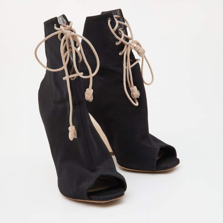 Pre Owned Dior Black Canvas Open Toe Lace Up Ankle Booties Size 37.5