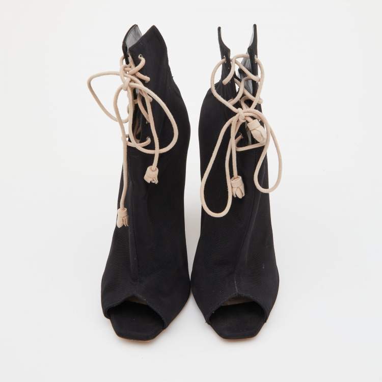 Pre Owned Dior Black Canvas Open Toe Lace Up Ankle Booties Size 37.5