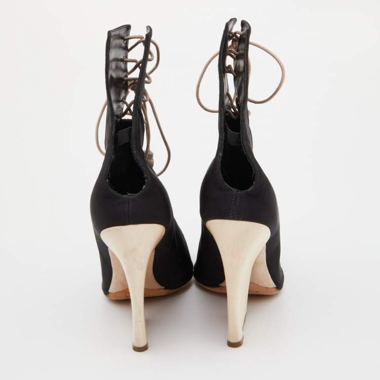 Pre Owned Dior Black Canvas Open Toe Lace Up Ankle Booties Size 37.5