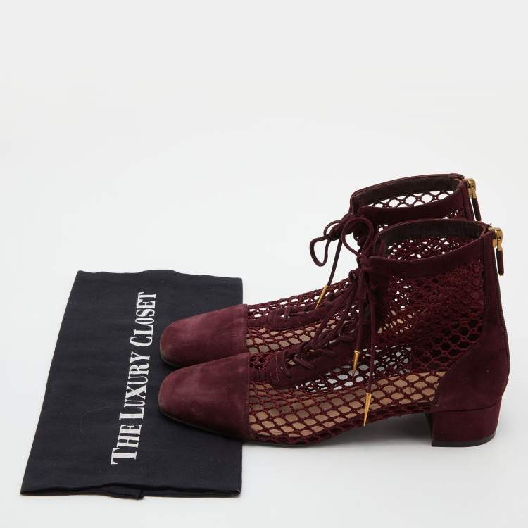 Pre Owned Dior Burgundy Suede and Fishnet Naughtily-D Ankle Boots Size 38