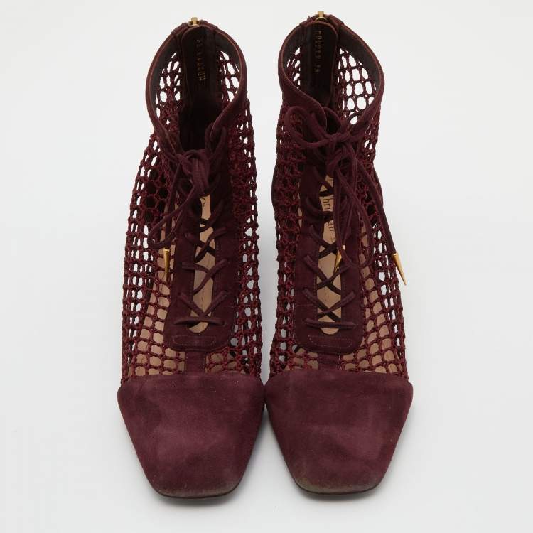 Pre Owned Dior Burgundy Suede and Fishnet Naughtily-D Ankle Boots Size 38