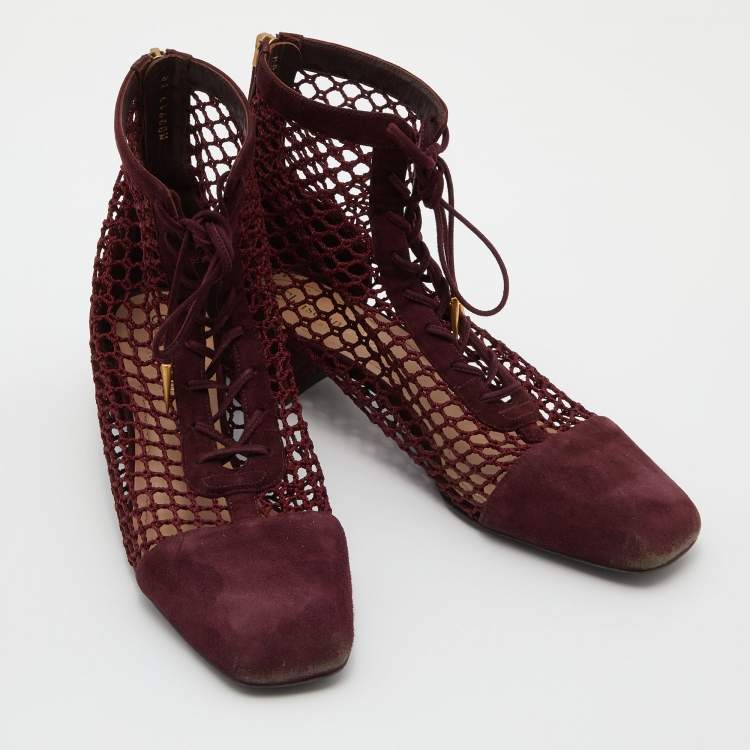 Pre Owned Dior Burgundy Suede and Fishnet Naughtily-D Ankle Boots Size 38