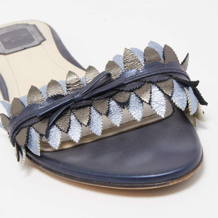 Pre Owned Dior Metallic Blue Leather Flat Slides Size 39