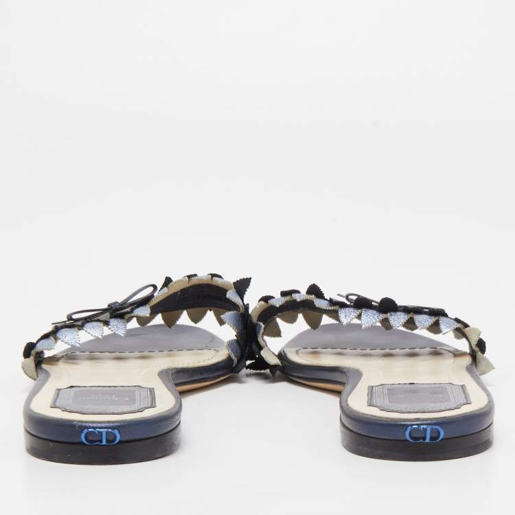 Pre Owned Dior Metallic Blue Leather Flat Slides Size 39