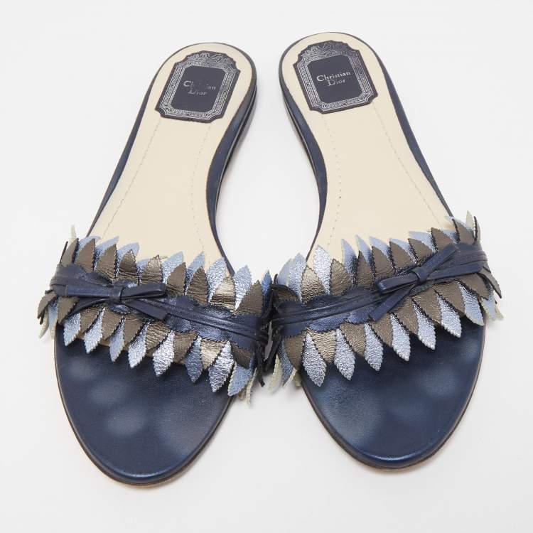 Pre Owned Dior Metallic Blue Leather Flat Slides Size 39