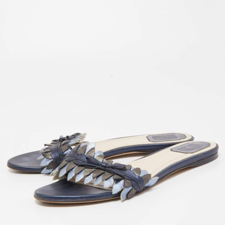 Pre Owned Dior Metallic Blue Leather Flat Slides Size 39