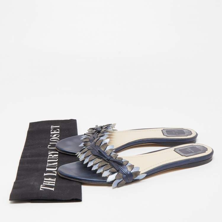 Pre Owned Dior Metallic Blue Leather Flat Slides Size 39