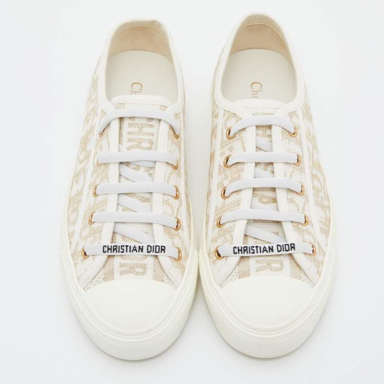 Pre Owned Dior White/Gold Oblique Canvas Walk'n'Dior Sneakers Size 38.5