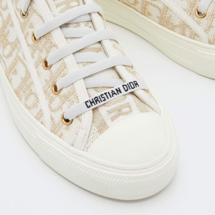 Pre Owned Dior White/Gold Oblique Canvas Walk'n'Dior Sneakers Size 38.5