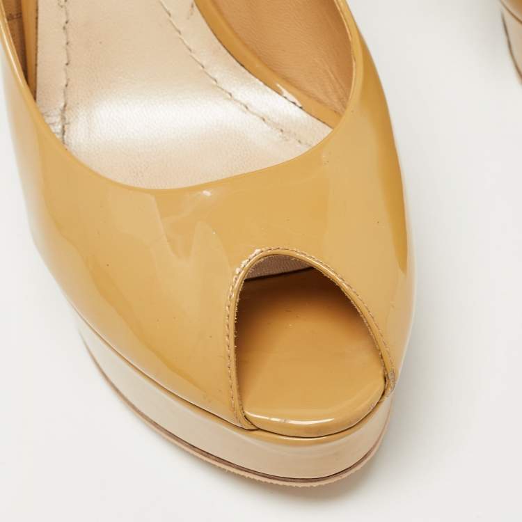 Pre Owned Christian Dior Beige Patent Leather Peep Toe Platform Pumps Size 39