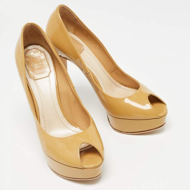 Pre Owned Christian Dior Beige Patent Leather Peep Toe Platform Pumps Size 39