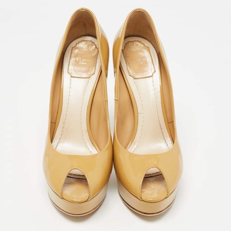 Pre Owned Christian Dior Beige Patent Leather Peep Toe Platform Pumps Size 39