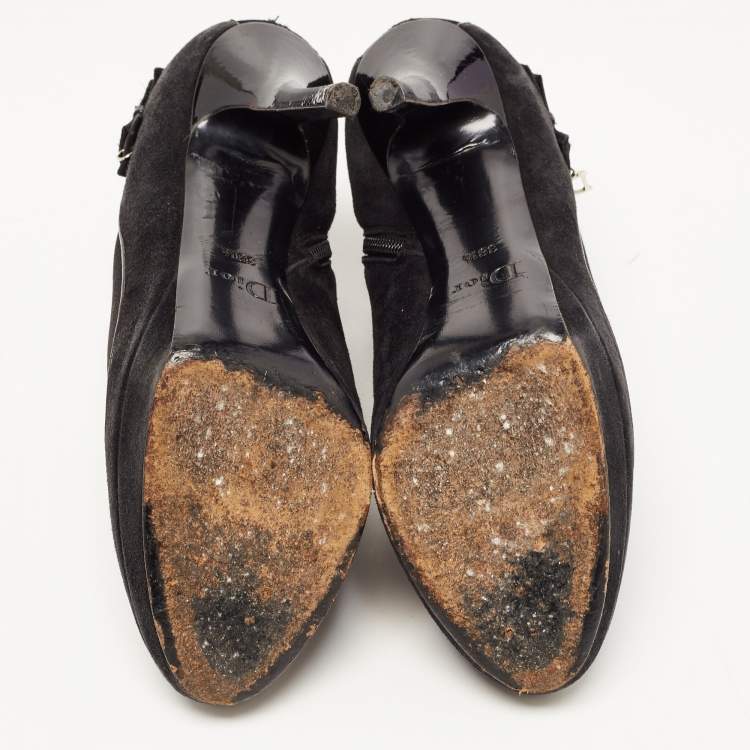 Pre Owned Dior Black Suede and Satin Bow Ankle Booties Size 38.5