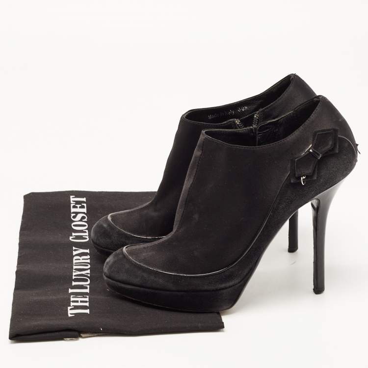 Pre Owned Dior Black Suede and Satin Bow Ankle Booties Size 38.5