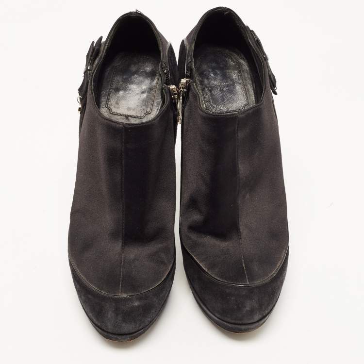 Pre Owned Dior Black Suede and Satin Bow Ankle Booties Size 38.5