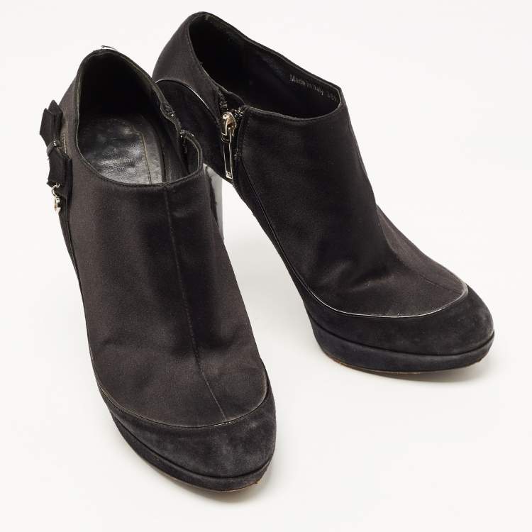 Pre Owned Dior Black Suede and Satin Bow Ankle Booties Size 38.5