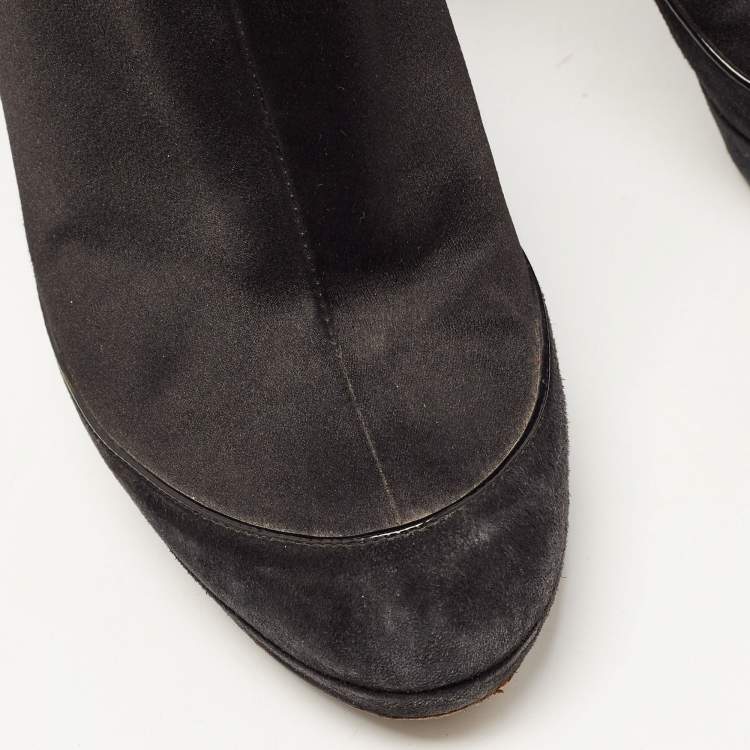 Pre Owned Dior Black Suede and Satin Bow Ankle Booties Size 38.5