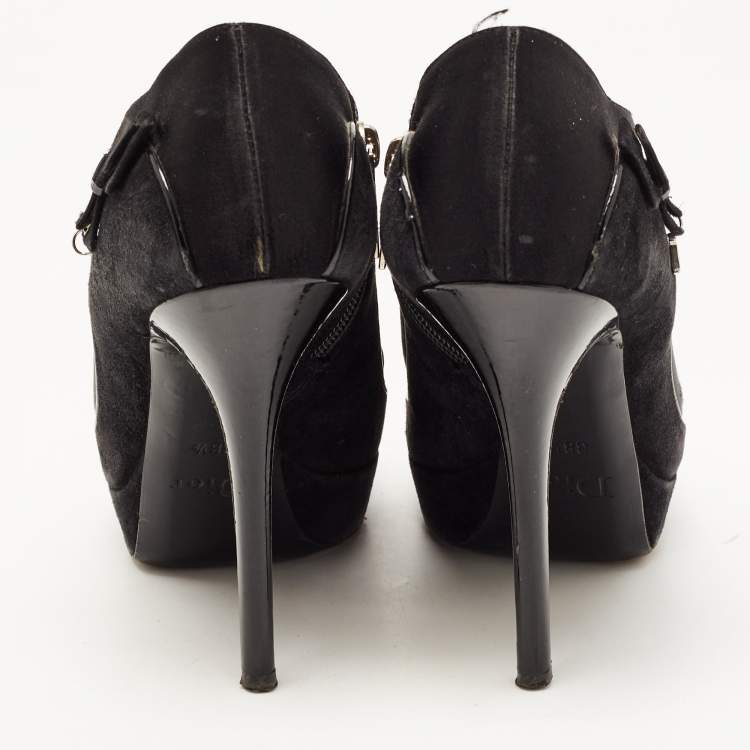 Pre Owned Dior Black Suede and Satin Bow Ankle Booties Size 38.5