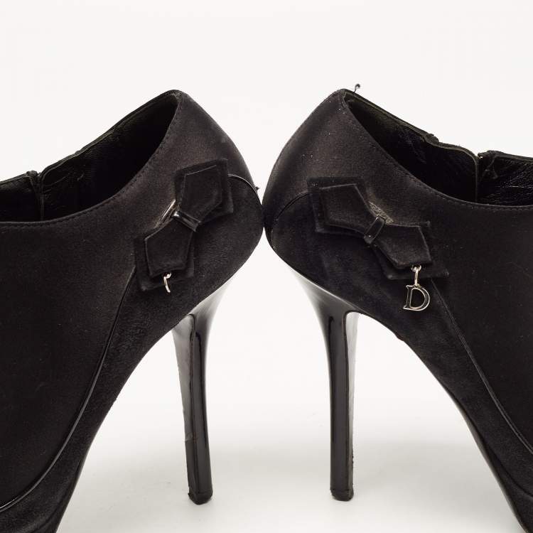 Pre Owned Dior Black Suede and Satin Bow Ankle Booties Size 38.5