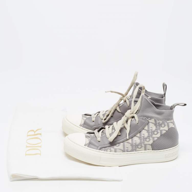 Pre Owned Dior Grey/White Leather and Oblique Knit Fabric Walk'n'Dior High Top Sneakers Size 38