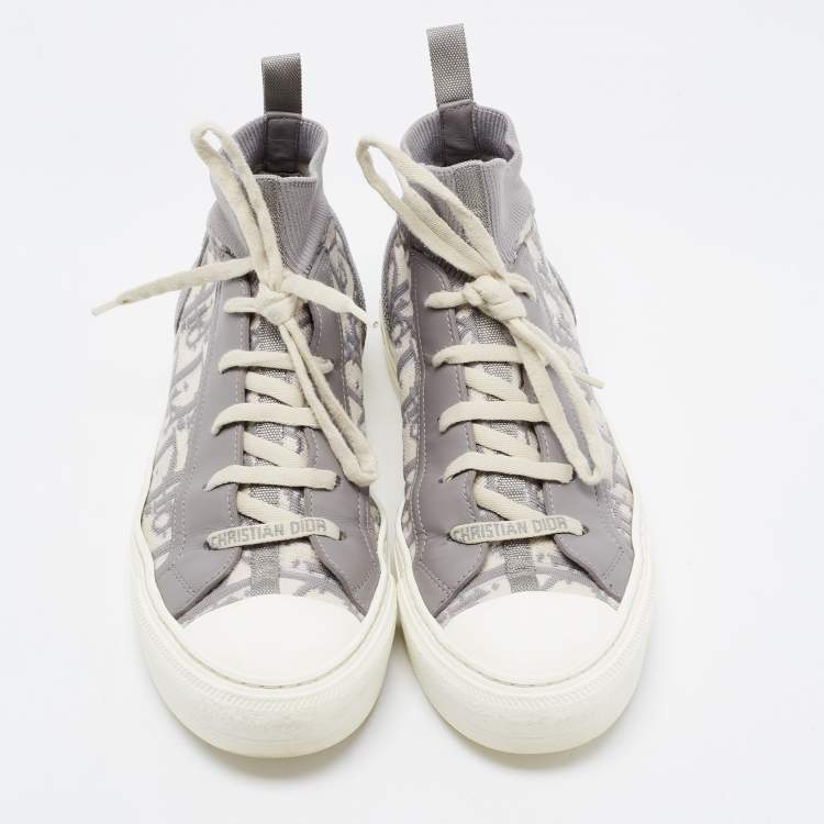 Pre Owned Dior Grey/White Leather and Oblique Knit Fabric Walk'n'Dior High Top Sneakers Size 38