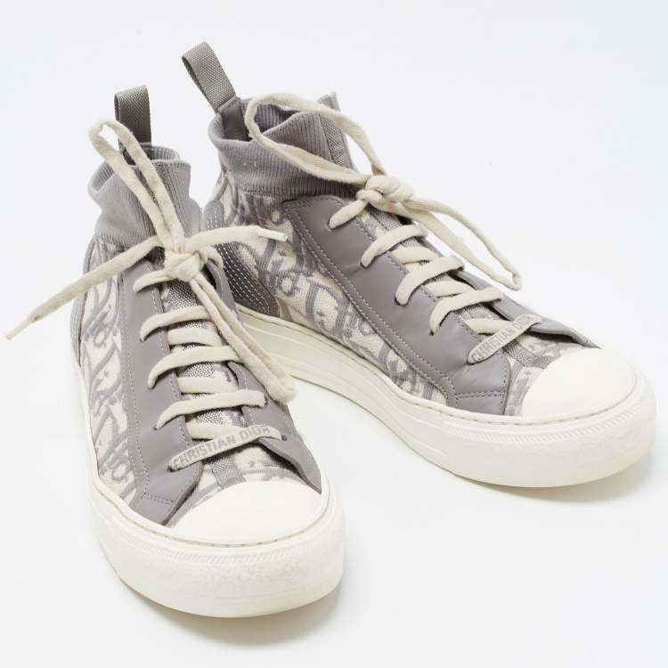 Pre Owned Dior Grey/White Leather and Oblique Knit Fabric Walk'n'Dior High Top Sneakers Size 38